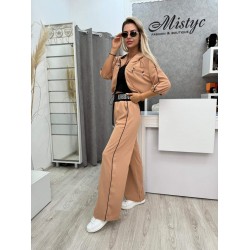 Дамски спортен комплект в цвят светла таба с 3/4 ръкав и качулка-4024