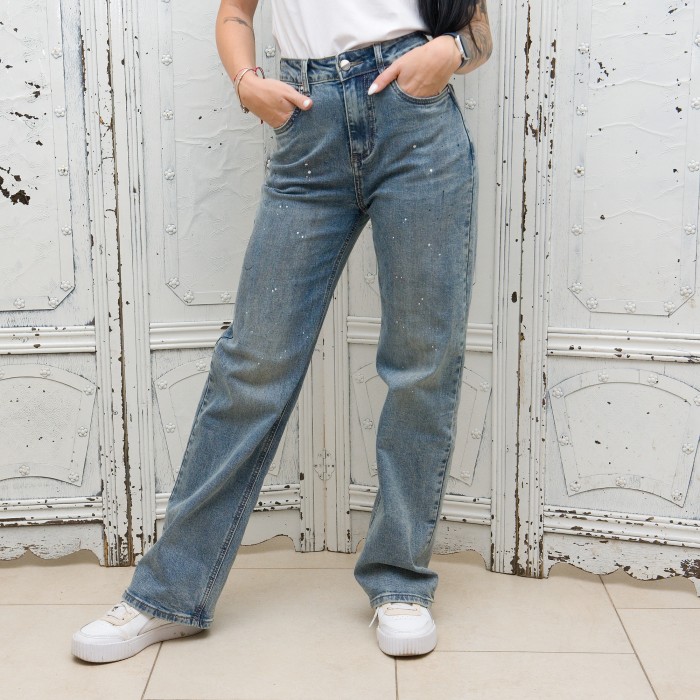 Уникални дамски High Waist Wide Leg Jeans дънки в син-сив отенък с цветни мотиви-2723