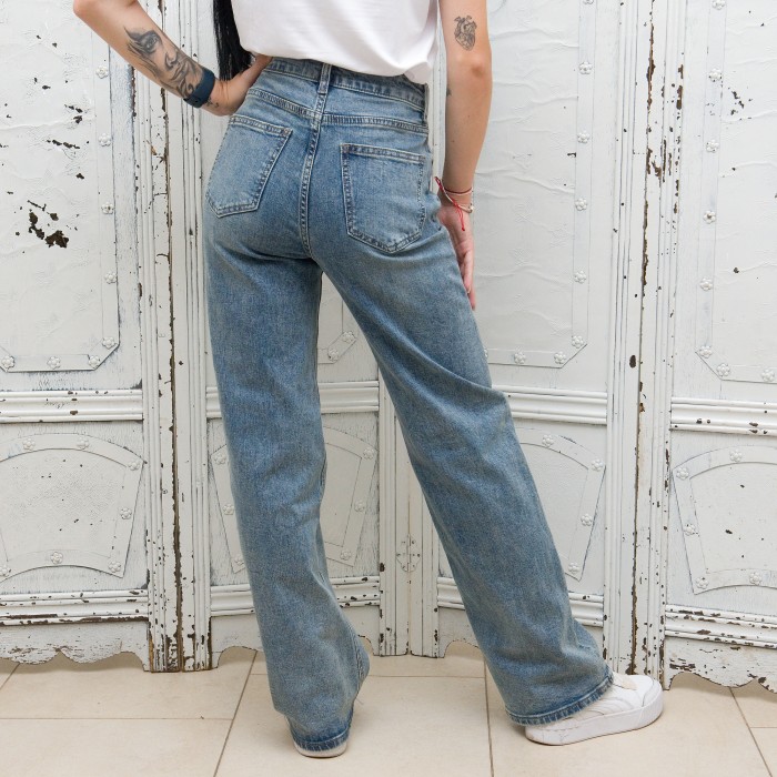 Уникални дамски High Waist Wide Leg Jeans дънки в син-сив отенък с цветни мотиви-2723
