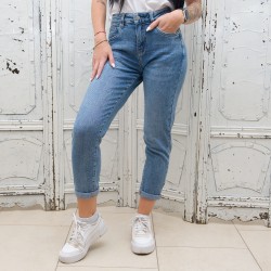 Модерни дамски дънки mom fit в син цвят с висока талия и свободна кройка-2653