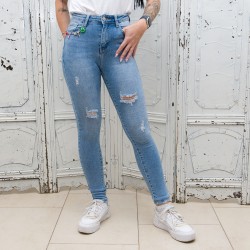 Сини дамски Skinny дънки с висока талия и ефектни накъсани детайли-2750