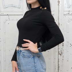 Черна ежедневна дамска блуза с изчистена визия и кръгло деколте-1426
