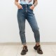 Дамски дънки mom fit в син захабен цвят с висока талия и декорация от златисти копчета и камъчета-1186