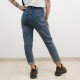 Дамски дънки mom fit в син захабен цвят с висока талия и декорация от златисти копчета и камъчета-1186